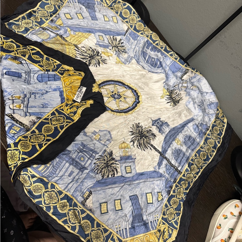 Cecy Jones Blue and Gold Scarf with Architectural Print